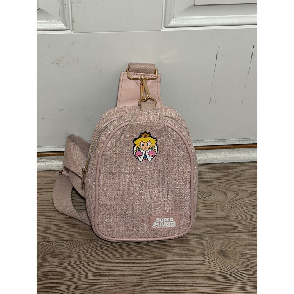 Super Mario Princess Peach Pink Tweed mini Crossbody Sling Bag Gold Hardware